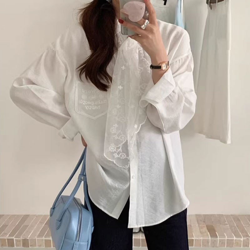 Morning collar original custom pocket scarf lace long-sleeved shirt top summer cardigan loose shirt