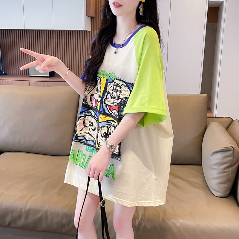 | Real shot | Pure cotton 200g | Back bag collar | Mid-length contrasting round neck short-sleeved T-shirt for women