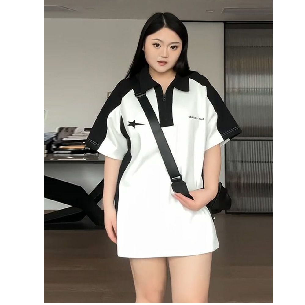 ~撞色印花POLO領短袖T恤女大碼胖mm簡約氣質百搭上衣顯瘦正肩