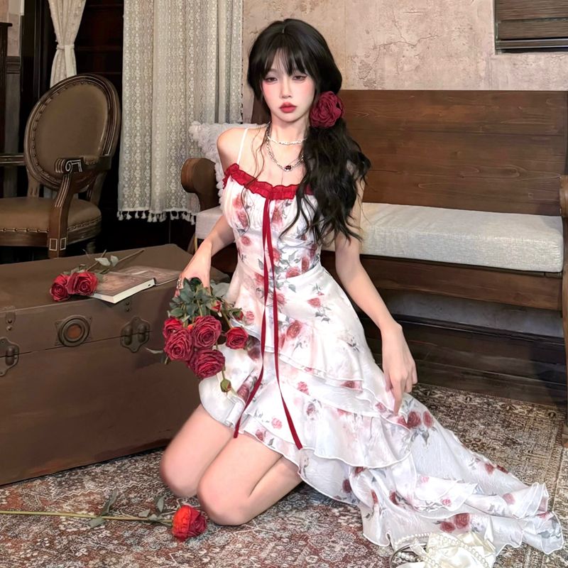 Seaside vacation style irregular smudged floral suspender skirt seaside photography beautiful dress 2025 summer new style