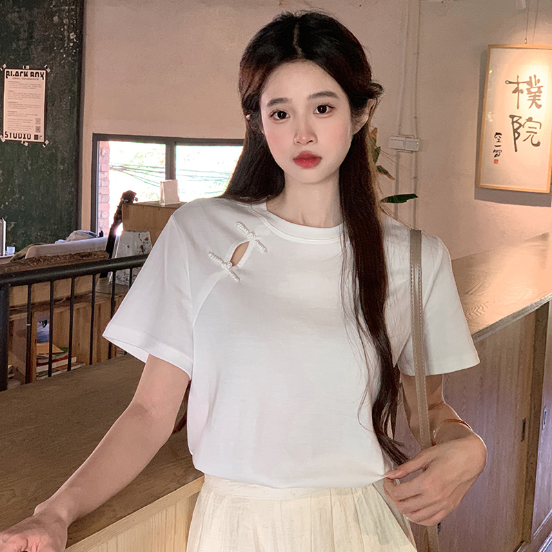 Real photo of Peruvian cotton short-sleeved T-shirt 2025 summer button short solid color slim shoulder round neck Korean women's top