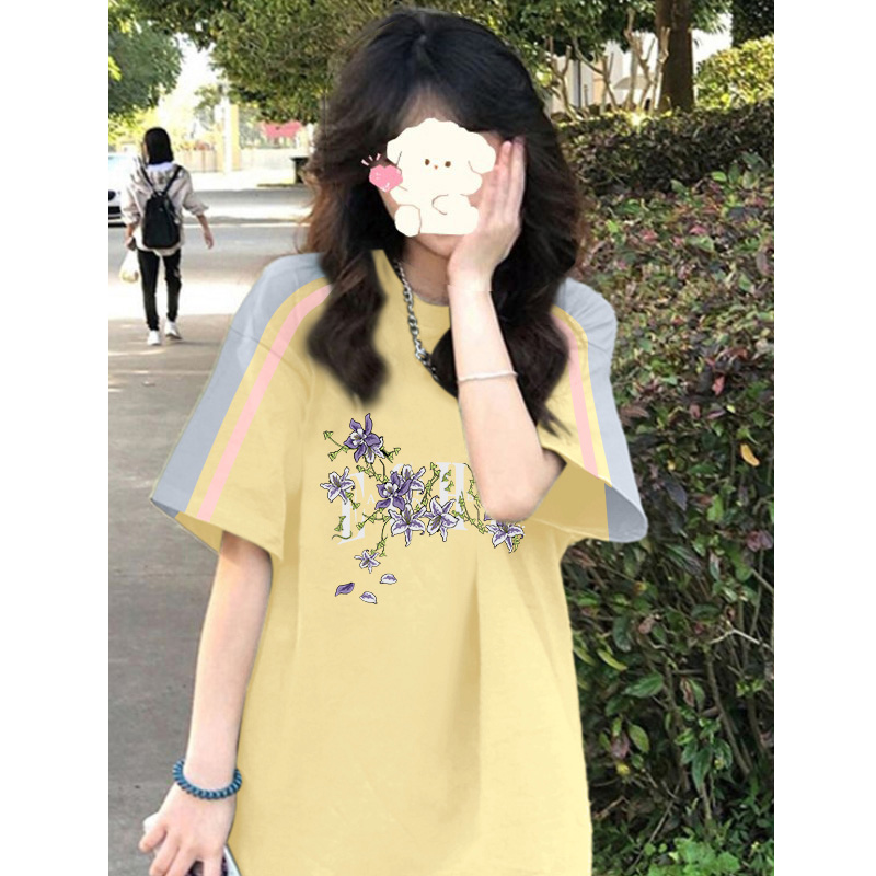High-quality pure cotton 220g 19 pieces of wool + feel printed loose large version of raglan contrasting color short-sleeved T-shirt for women