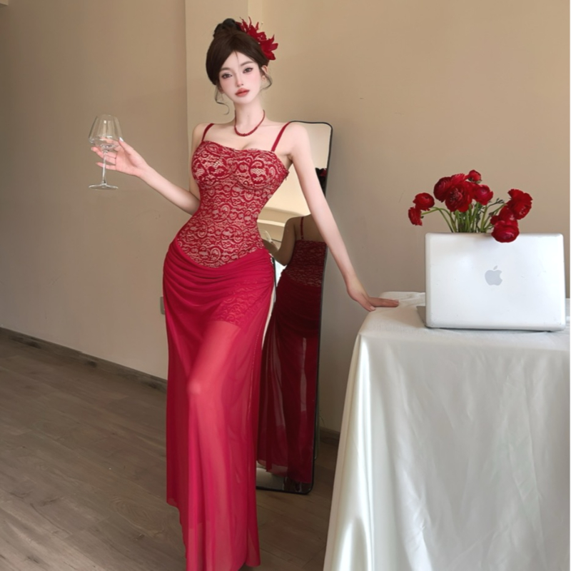 實拍~純欲性感蕾絲吊帶連衣裙修身氣質包臀長裙禮服裙