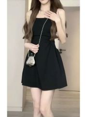 松本喪喪夏季新款高腰彈力顯瘦氣質褶皺設計感吊帶連衣裙