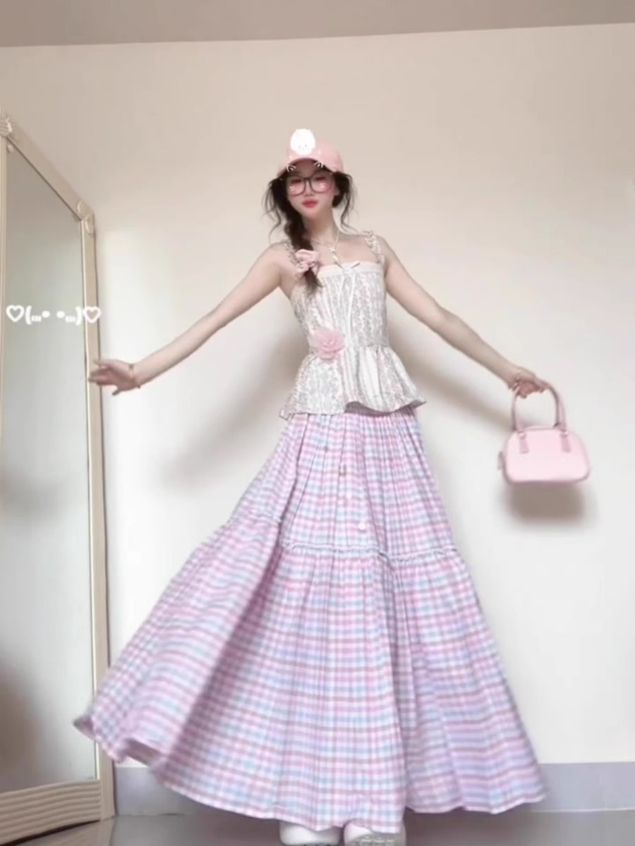 French dopamine color plaid skirt for women in summer gentle and beautiful large umbrella skirt slim A-line long skirt