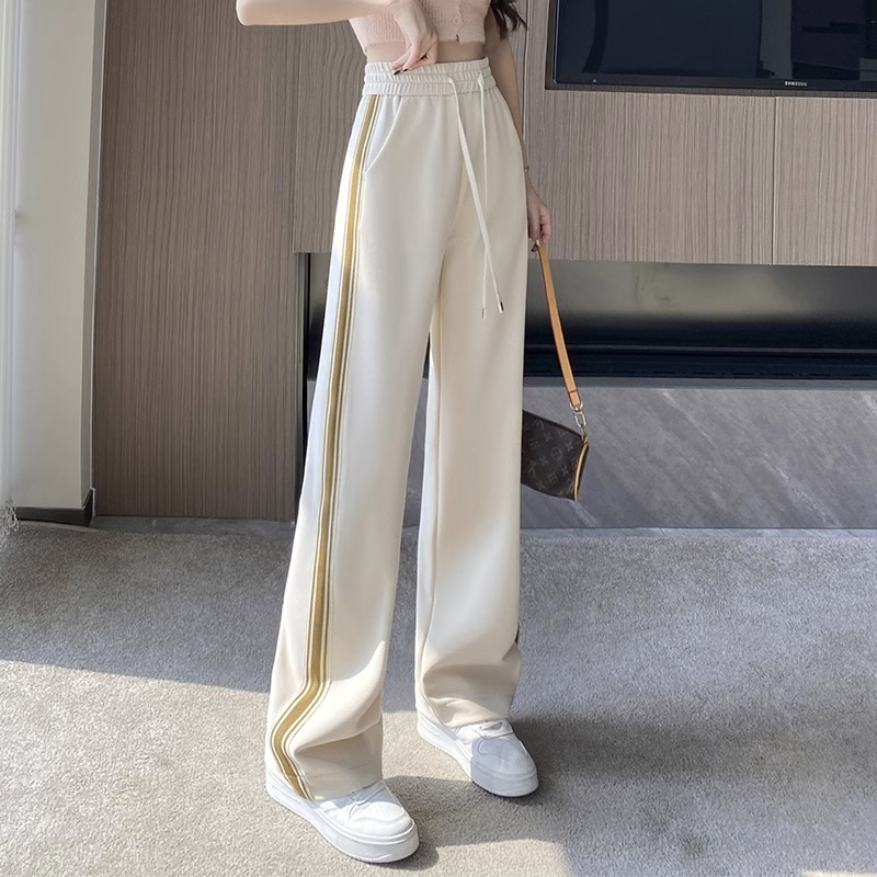 Korean foreign trade Korean version side striped wide-leg pants for women with high waist drooping black narrow version straight-leg casual sports pants