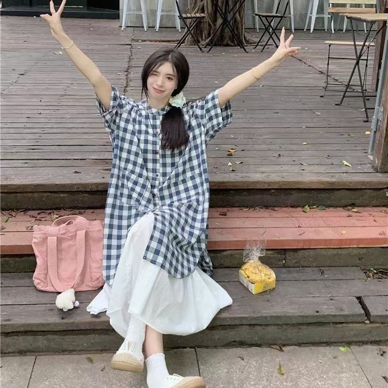文藝復古格子連衣裙女夏季法式氣質寬鬆短袖單排多扣襯衫中長裙子