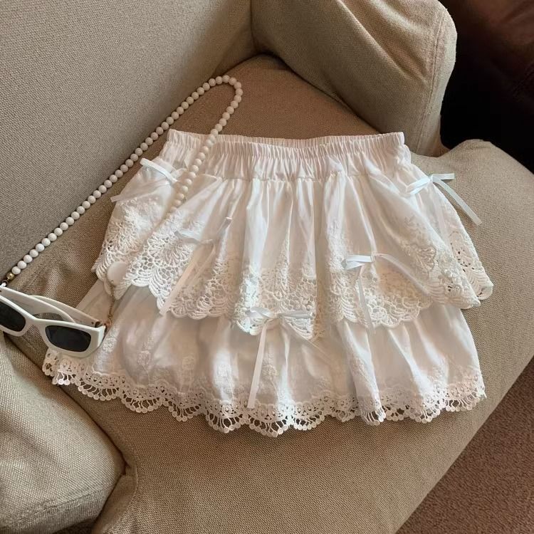 Ballet style white fluffy cake skirt skirt for women summer bow lace skirt small a-line short skirt