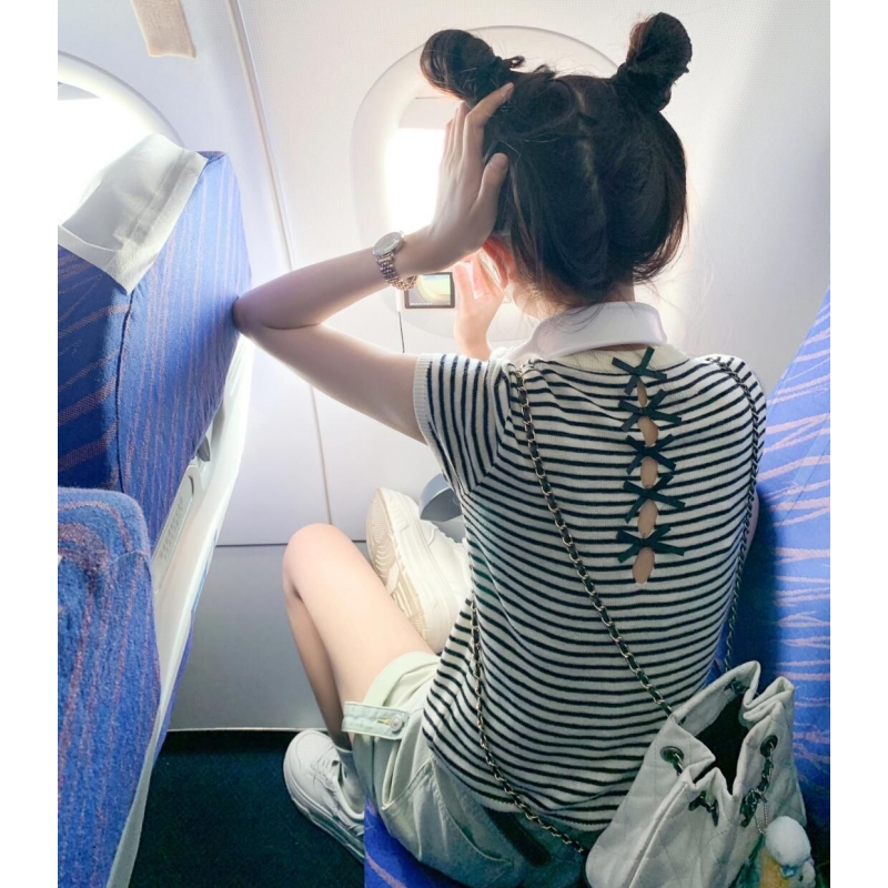 Embroidered bow hollow backless design black and white striped sweater for women in summer retro thin short top