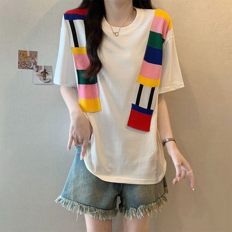 實拍夏季時髦設計感拼色短袖T恤女韓系小眾寬鬆休閒別致上衣