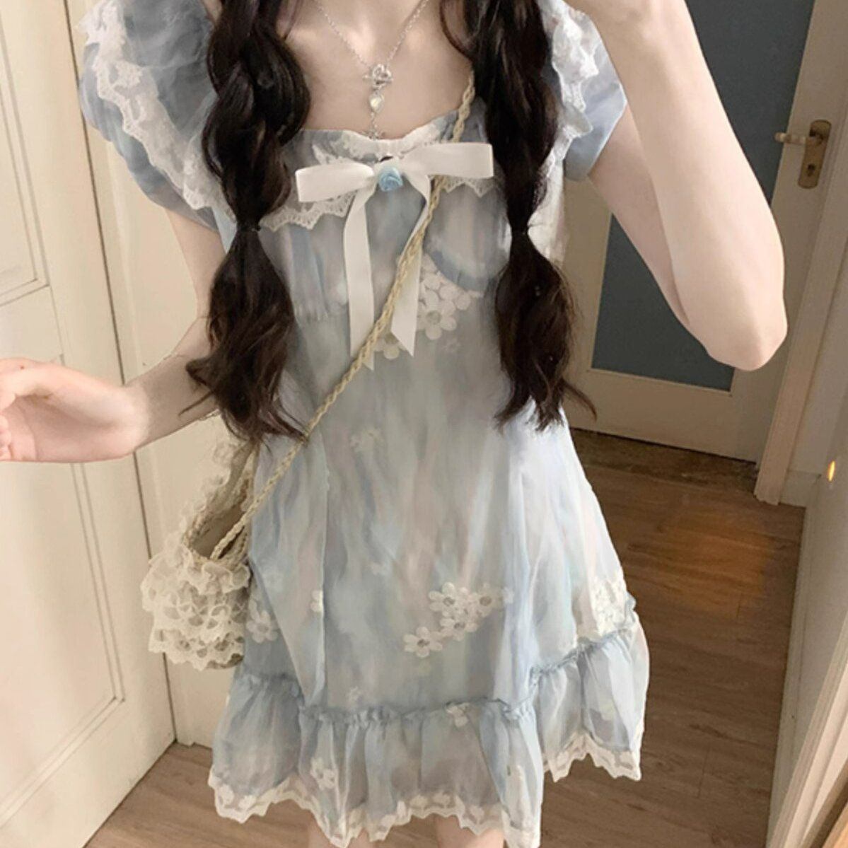 Art raw milk huh short skirt for women 2025 Chardopamine first love pure blue floral fluffy cake dress
