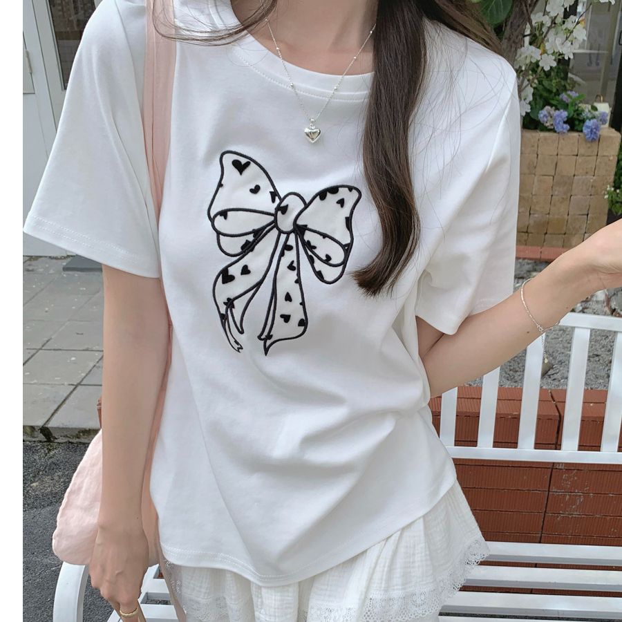 Real photo of pure cotton age-reducing sweet love bow patch short-sleeved T-shirt for women loose slimming base top