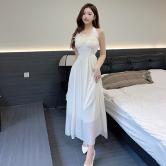 實拍~溫柔風掛脖花朵連衣裙夏新款收腰度假吊帶裙小禮裙長裙