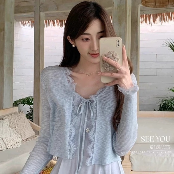 Lace lace sunscreen knitted cardigan jacket for women thin summer with suspender skirt top shawl outer blouse