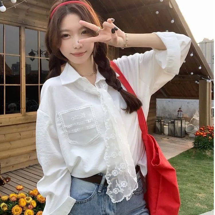 Original high-quality fabric + scarf Temperament lace tie long sleeve white shirt design sense shirt cardigan top