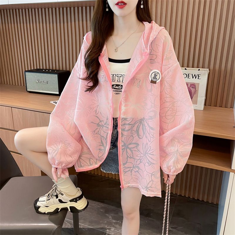 實拍~質量/棉綢/連帽蕾絲提花拉鏈薄款開衫防曬服女夏裝