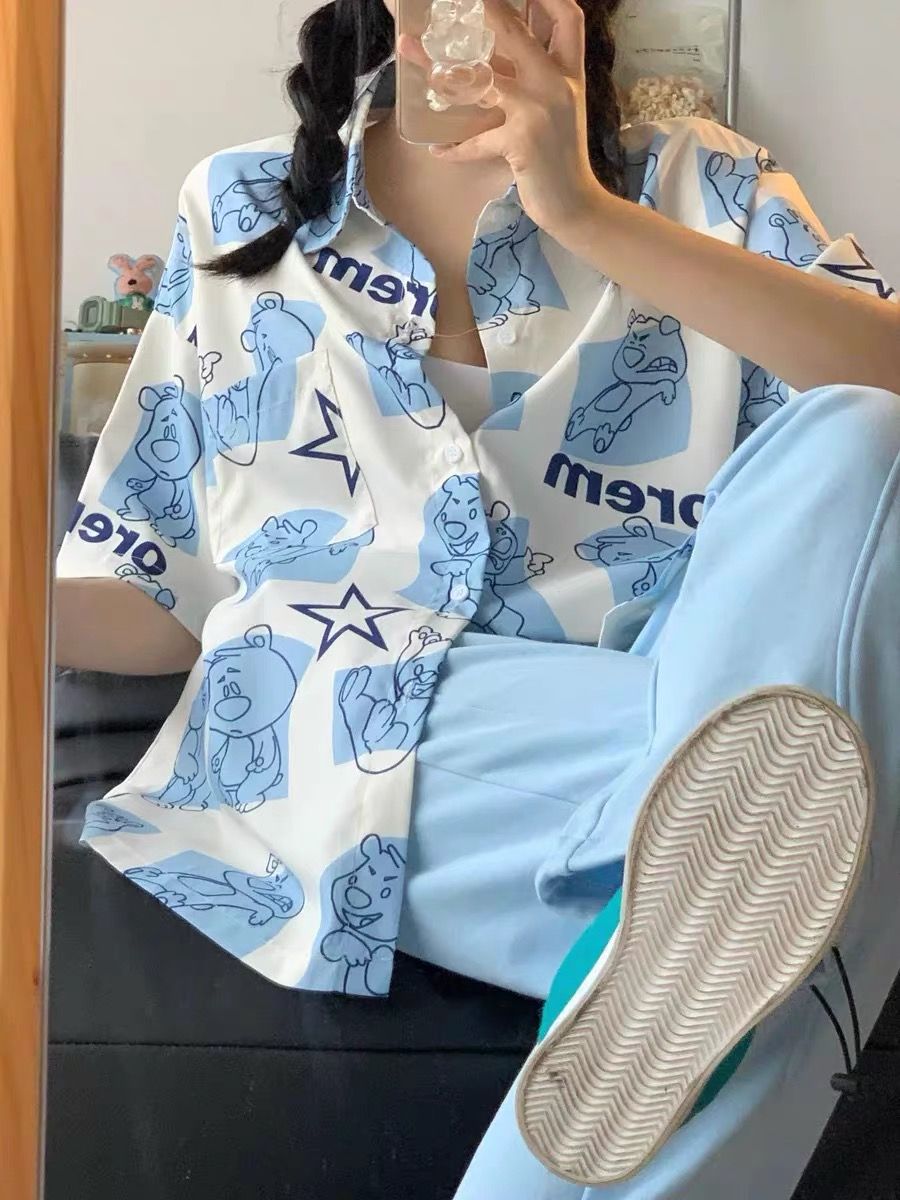 原版 鹽系可愛小熊短袖襯衫女夏季寬鬆百搭減齡休閒情侶襯衣