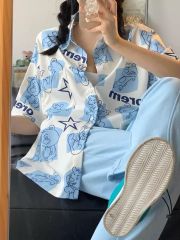 原版 鹽系可愛小熊短袖襯衫女夏季寬鬆百搭減齡休閒情侶襯衣