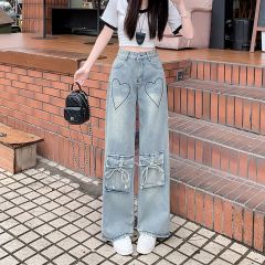 Real shot~ American hot girl love multi-pocket wide-leg jeans women's high waist loose pants straight pants
