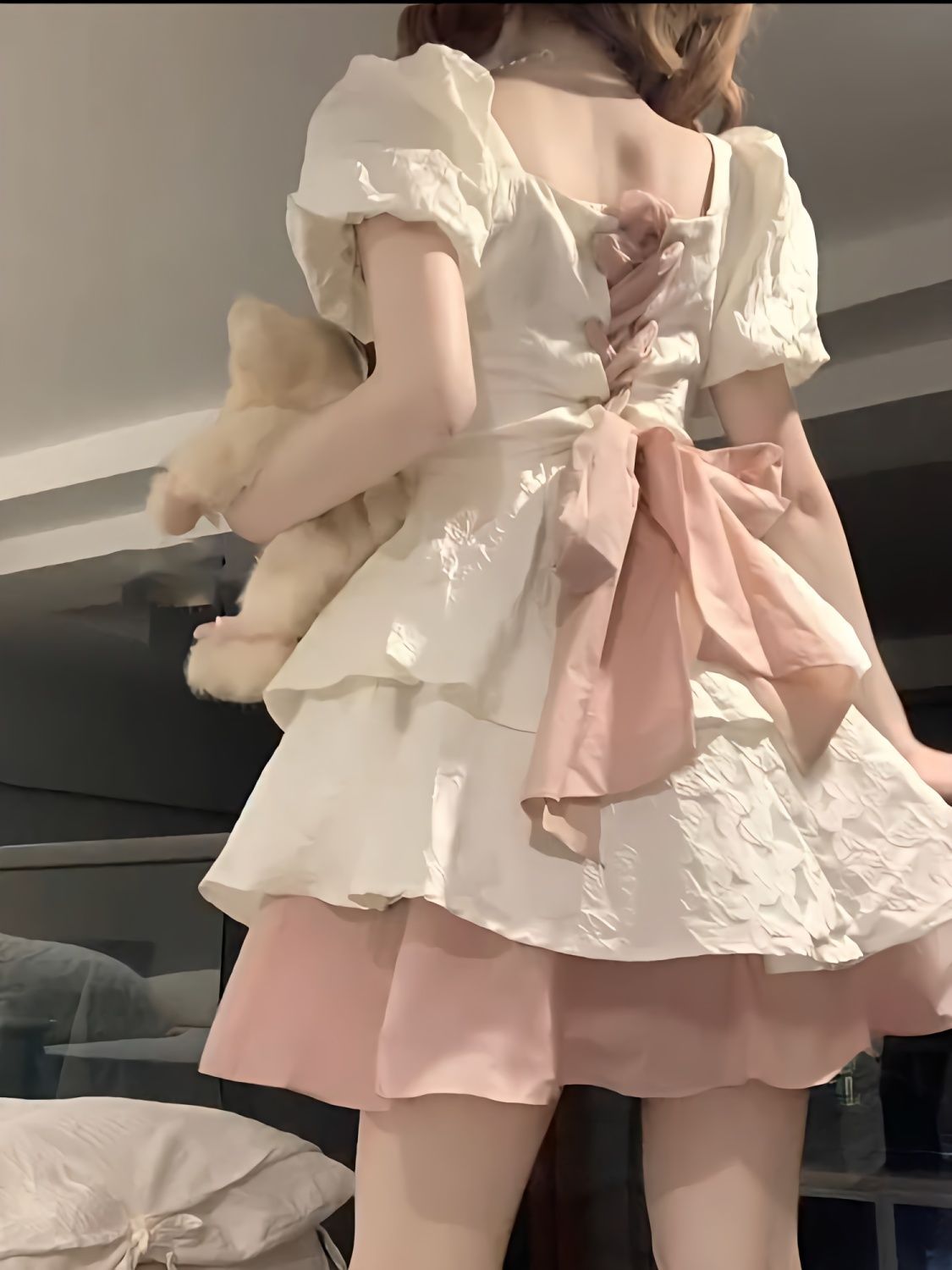 韓版設計感漸變色蝴蝶結蓬蓬連衣裙女收腰高級感超仙公主裙子