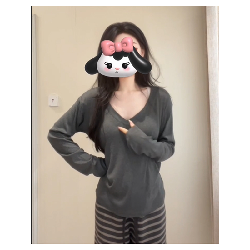 Korean version of loose slim V-neck long-sleeved T-shirt for women's spring and autumn new style inner bottoming shirt versatile slack and lazy top