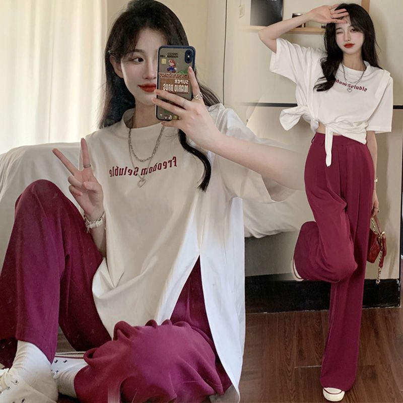 Summer large-size women's short-sleeved meat-covered light-mature salt-style slit top + high-waisted wide-leg pants two-piece set