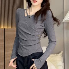 跨境TEMU希音SHEIN亞馬遜設計感長袖T恤女打底衫女春夏新款不規則