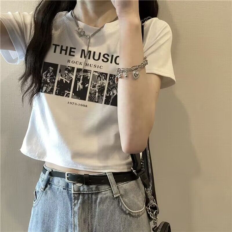 純棉原版外貿韓版後包領夏季新款女裝圓領印花修身短款T恤女短袖