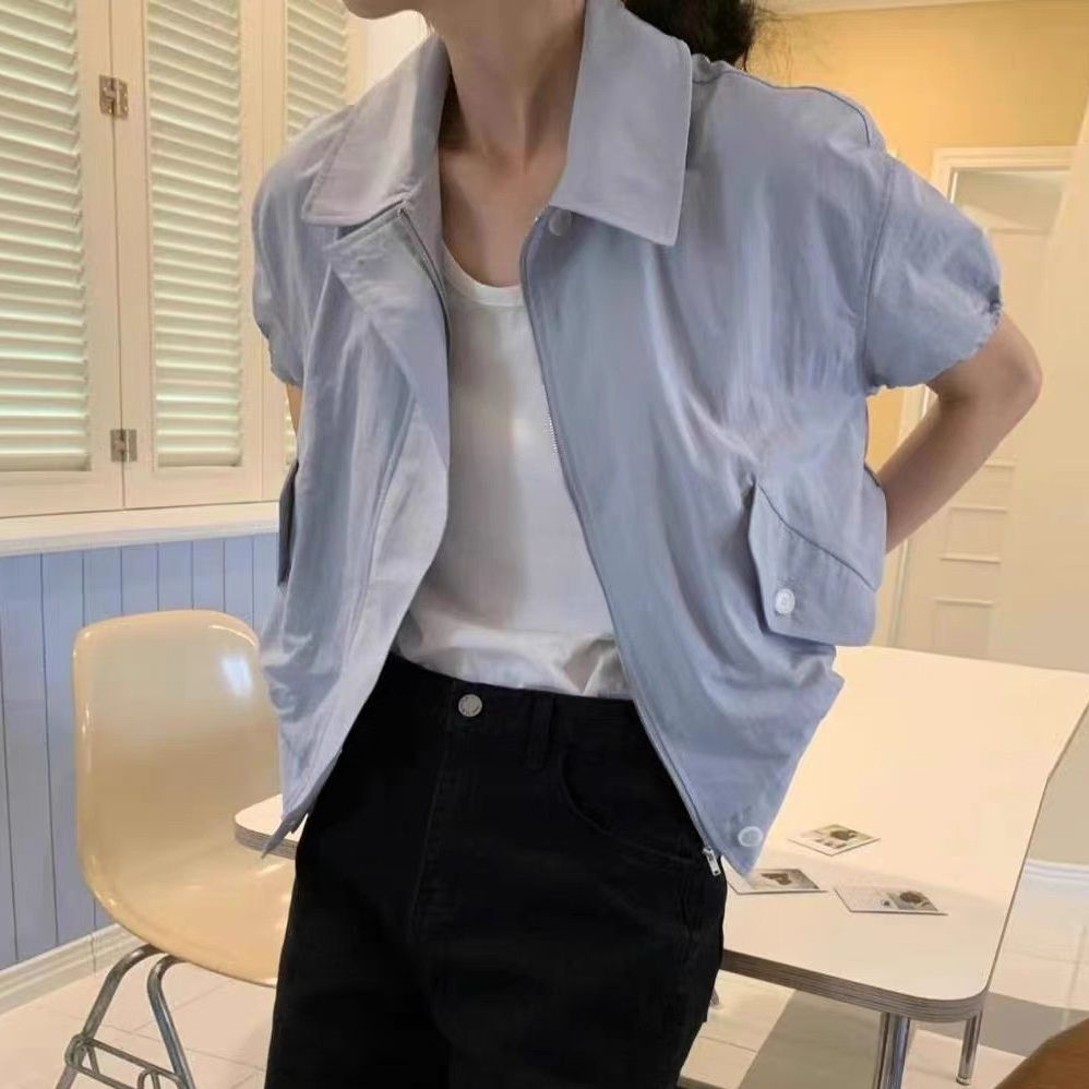 韓國chic夏季小眾百搭翻領口袋寬鬆休閒短款拉鏈式短袖夾克外套女