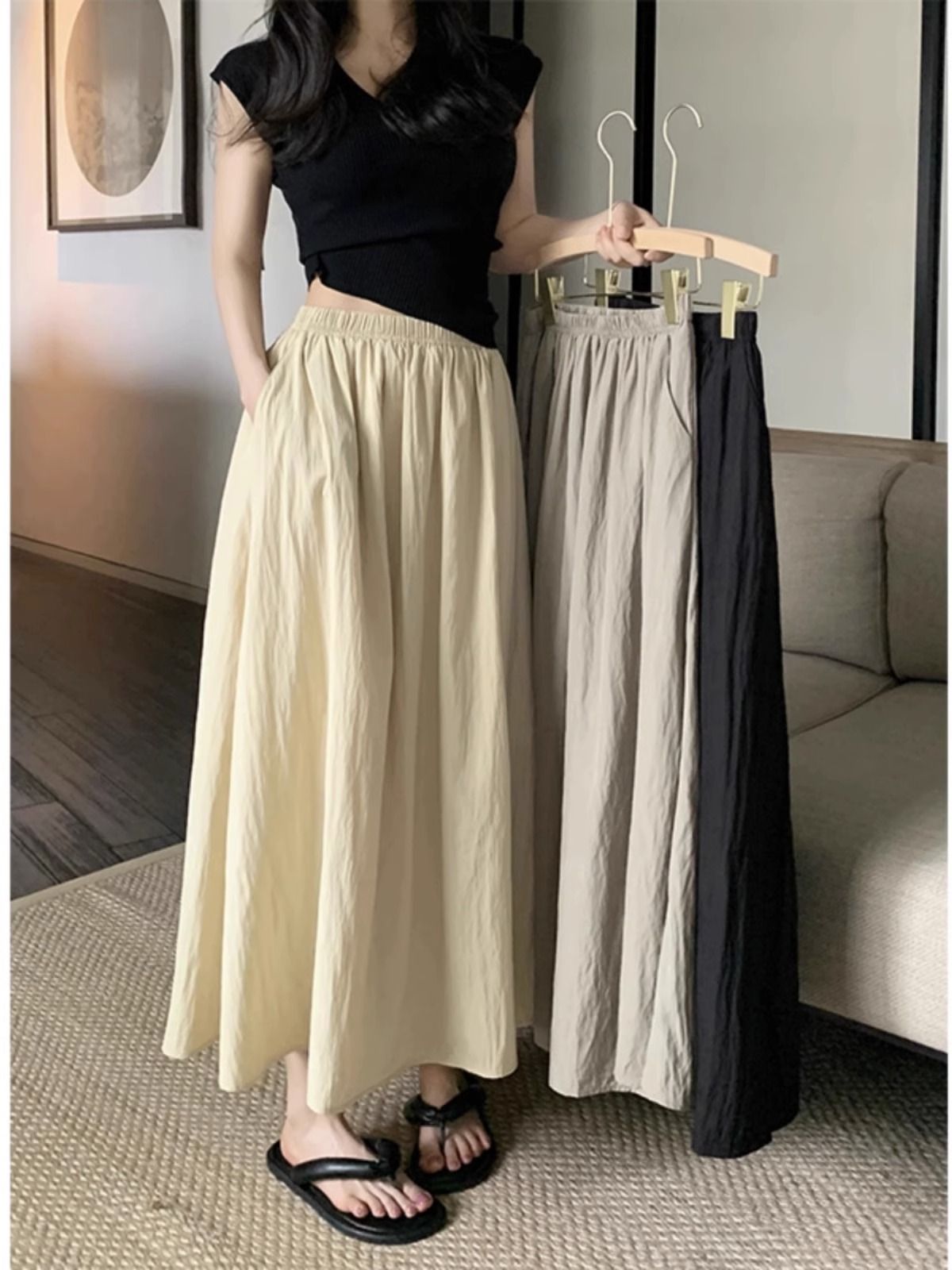 Women's Summer Medium-Length High-Waist Slimming A-Line Umbrella Skirt for Sun Protection