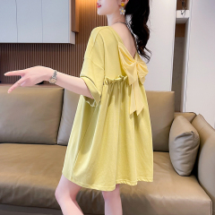 | Real shot | Pure cotton 200g | Back bag collar | Women's mid-length backless bow short-sleeved T-shirt