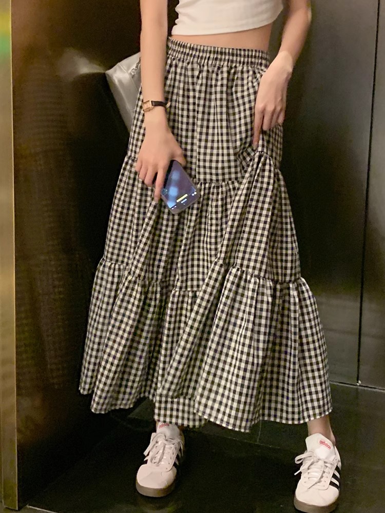 Retro high-waisted slim plaid skirt big skirt hem cake skirt women's casual mid-length design loose Hong Kong flavor