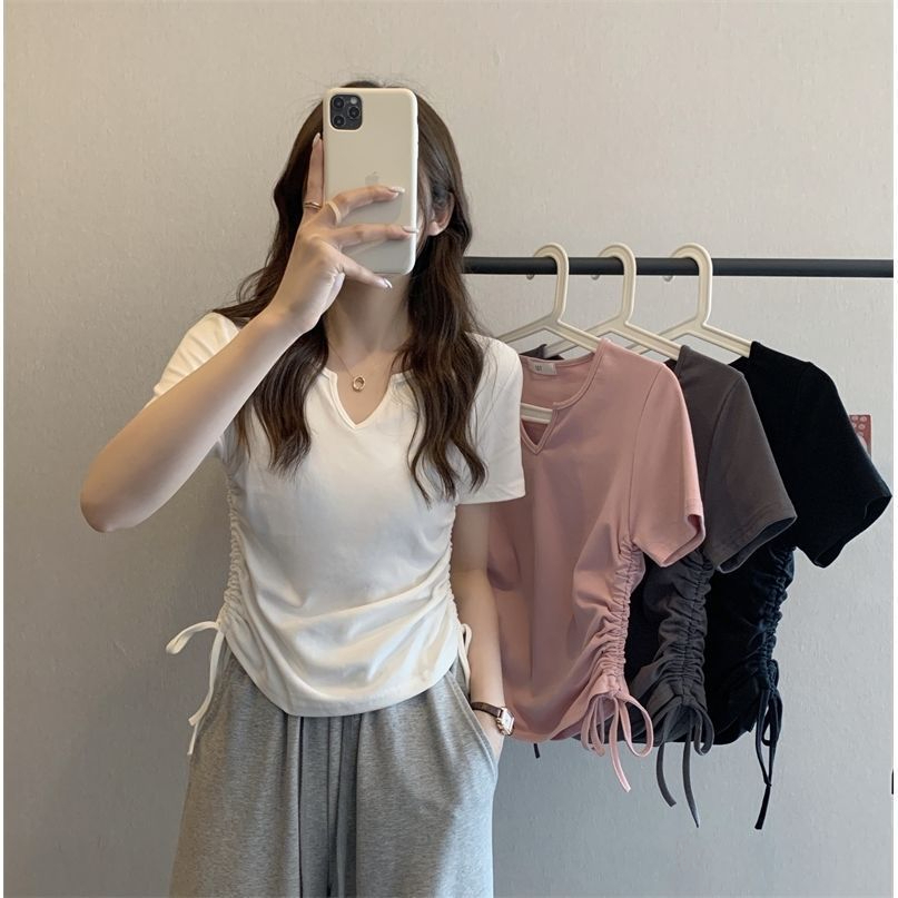 Original design of foreign trade V-neck drawstring slim and pure style short-sleeved T-shirt summer solid color top trendy