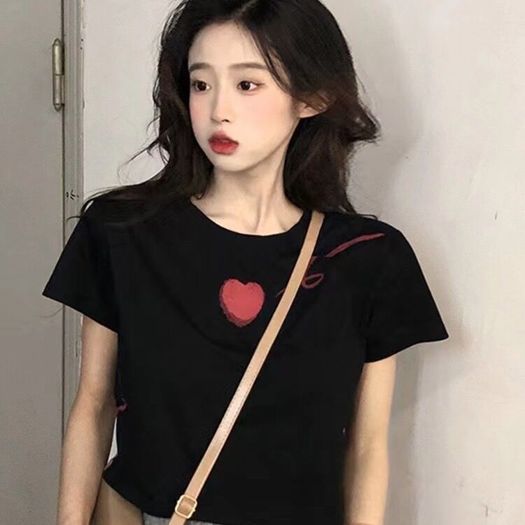 Pure cotton original foreign trade Korean version rear bag collar summer new women's round neck printed slim short T-shirt for women short sleeves