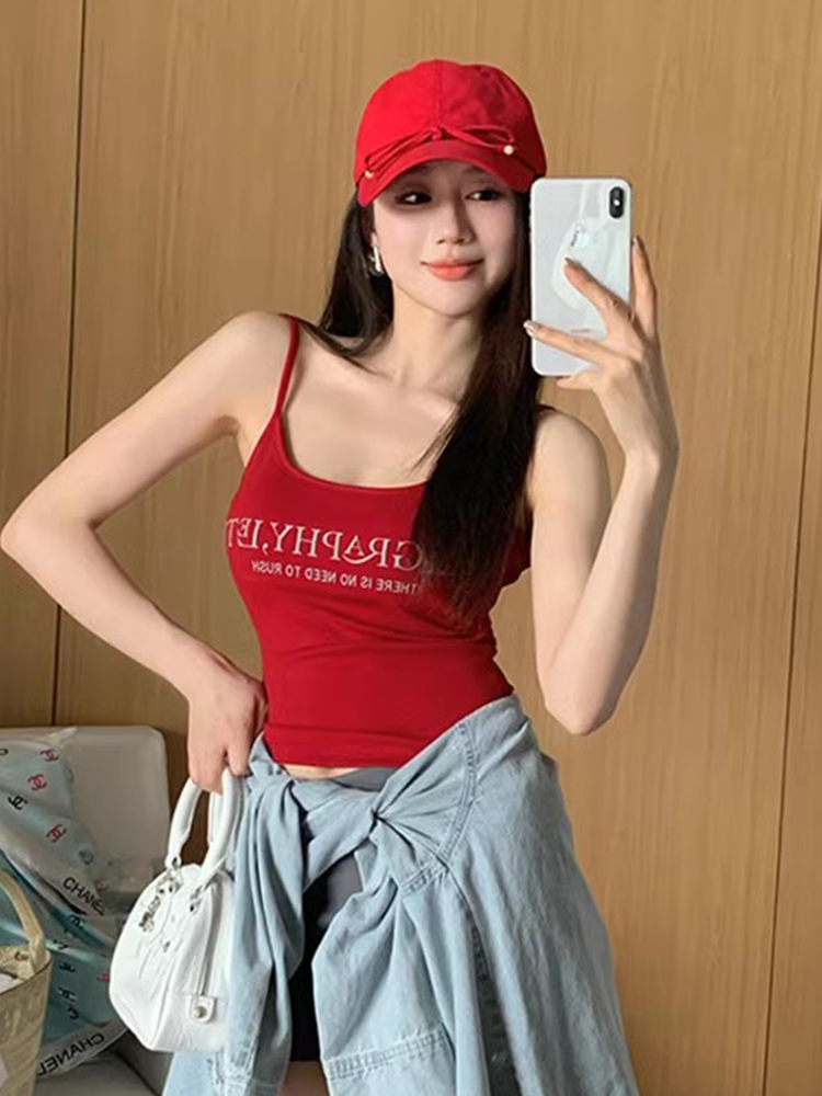 American sweet and spicy letter printed suspender vest for women in summer new slim sleeveless bottoming short top