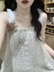 設計感小眾不規則拼接假兩件碎花吊帶連衣裙女夏季小個子流蘇裙子