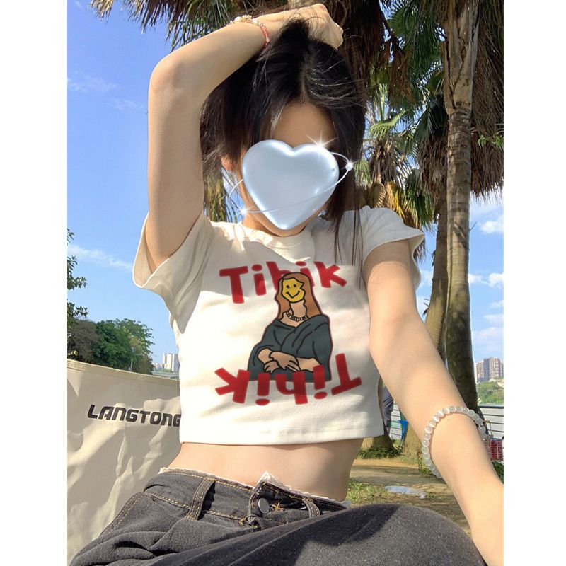 純棉原版外貿韓版後包領夏季新款女裝圓領印花修身短款T恤女短袖