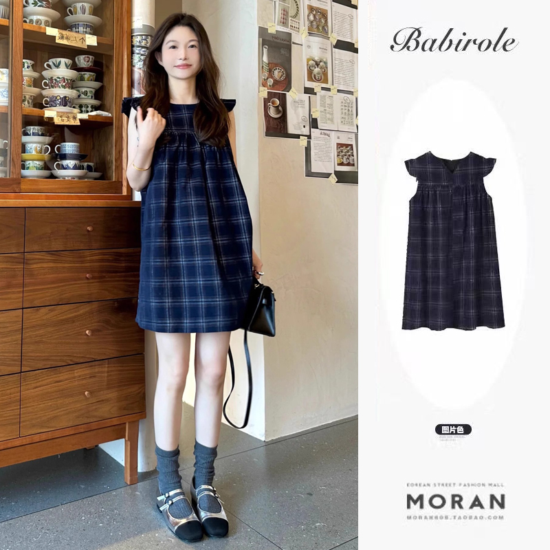 Summer 2025 new loose retro vest small flying sleeve dress sweet plaid college small skirt