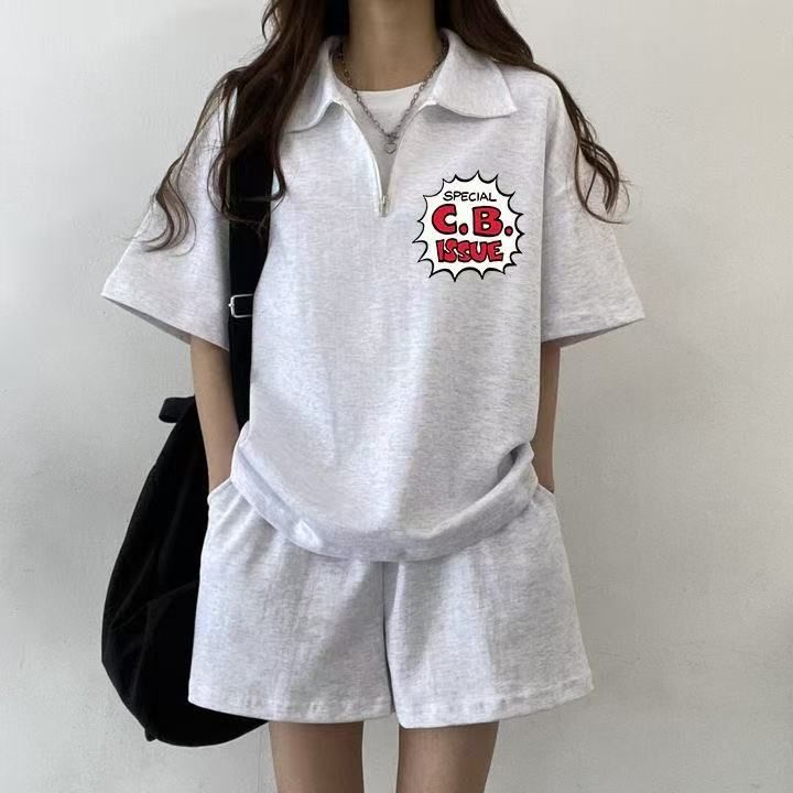 美式潮牌休閒運動兩件套裝女春夏新款白色短袖t恤+五分短褲子