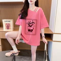 實拍質量/純棉/寬鬆中長款斜肩不規則設計感T恤女夏新款