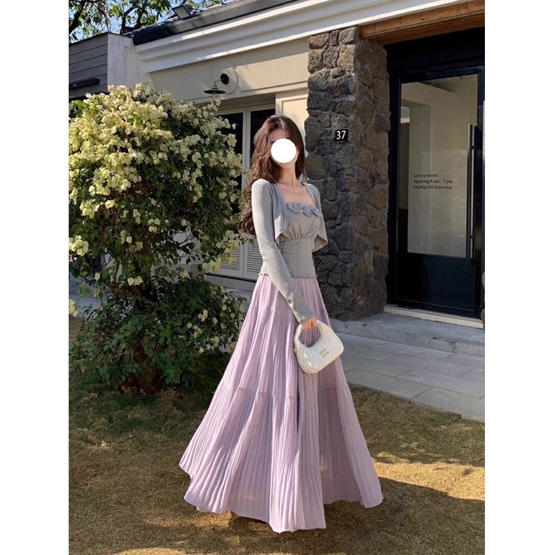 原版做法甜美風百搭紫色半裙傘裙女夏季高腰寬鬆大擺裙A字裙