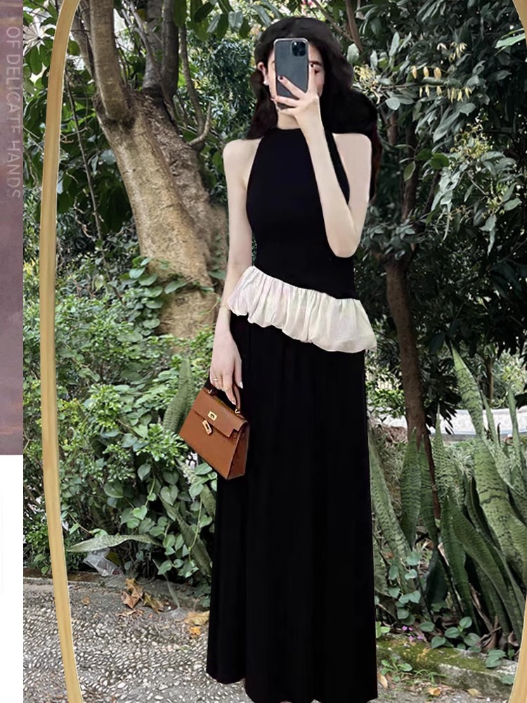 High-end suit ruffled black vest women's summer high-waisted skirt long skirt French temperament two-piece set