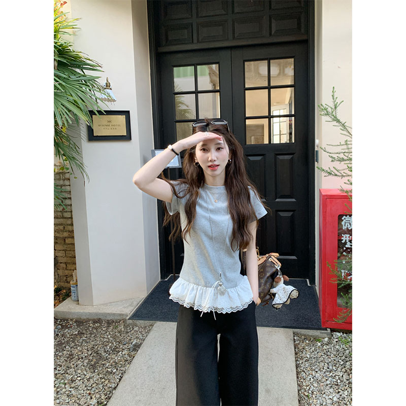 Morning neck original lace lace hem spliced ​​slim short-sleeved T-shirt round neck versatile slim top