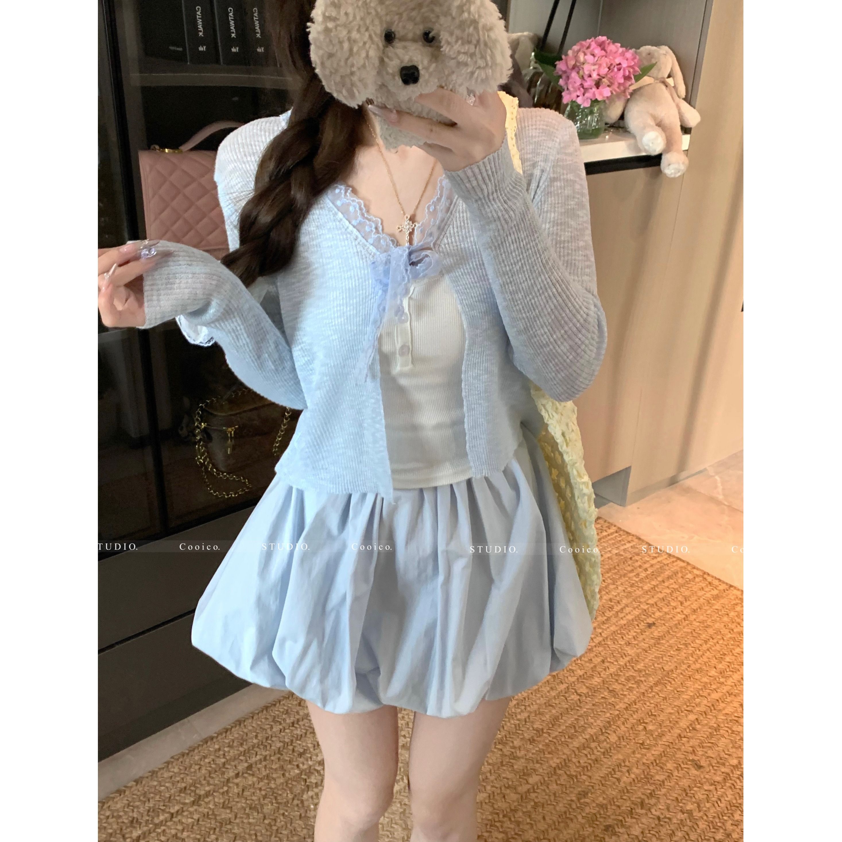 2025春季新款甜美慵懶風蕾絲綁帶毛針織開衫女短款V領長袖防曬衣