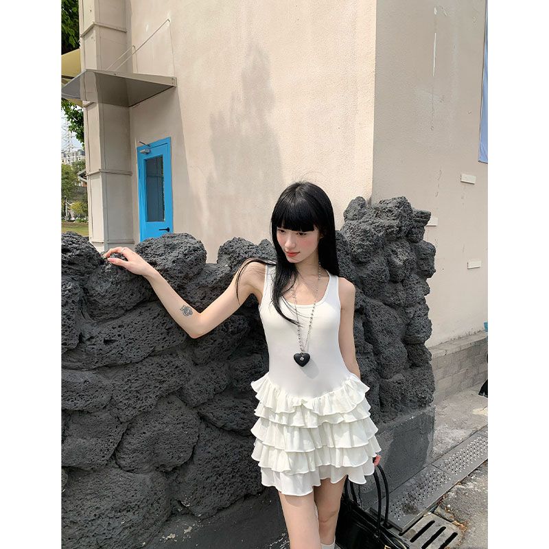 甜辣妹白色拼接背心連衣裙女夏季新款減齡收腰蛋糕裙