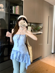 Real shot, design, lace lace splicing suspender vest, women's summer sweet niche irregular top