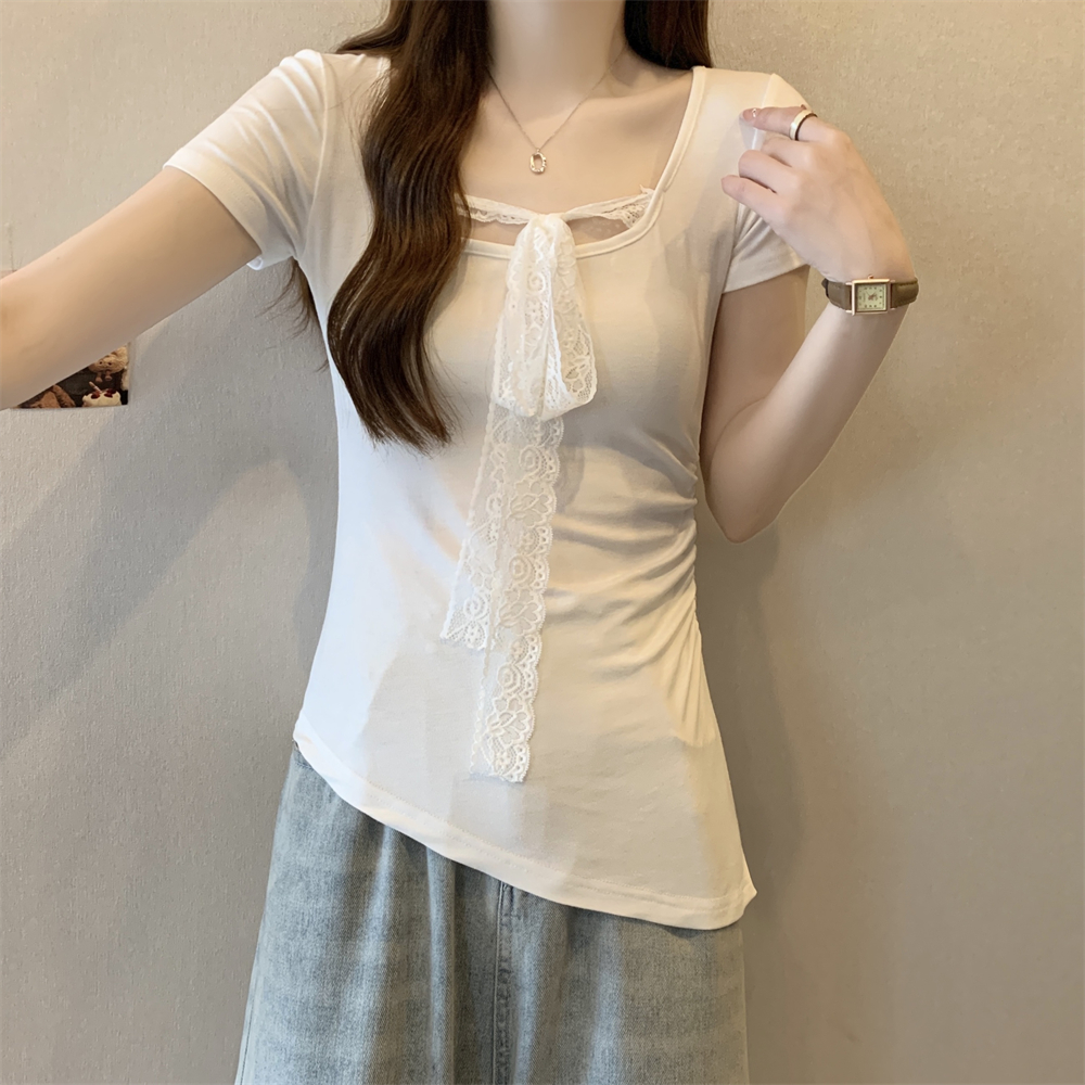 Real photo 40 pure cotton 210g 92 cotton/8 spandex short-sleeved T-shirt for women's halter neck lace