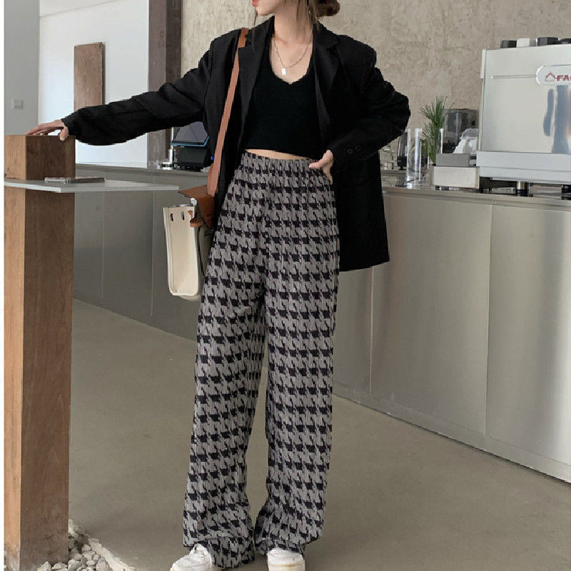 Korean foreign trade Korean version large-size women's houndstooth casual pants for women's pleated style high waist drooping wide-leg pants