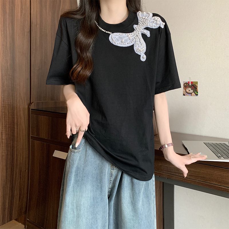 實拍大碼女裝夏季新款短袖t恤女黑色圓領半袖胖妹妹顯瘦釘珠