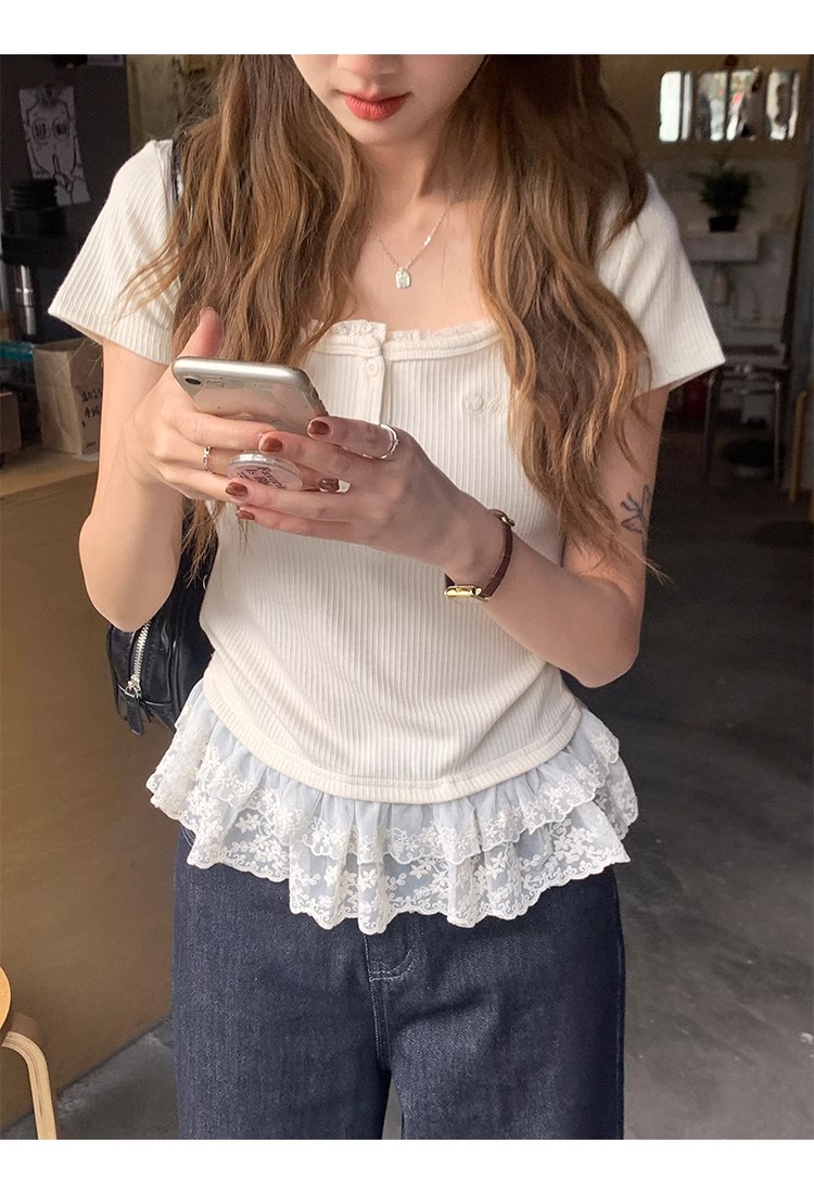 5*4 imitation cotton pit strip lace collar short sleeve 2025 early spring new ballet style slim design top for women